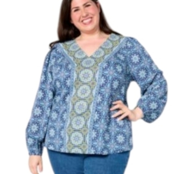 Belle Boho By Kim Gravel Blue Patterned Chiffon Long Sleeve V Neck Blouse Sz XL - Picture 1 of 8